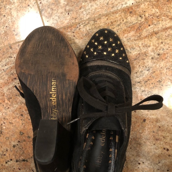 Libby Edelman Black Suede Heels with Gold Studs - Picture 3 of 3